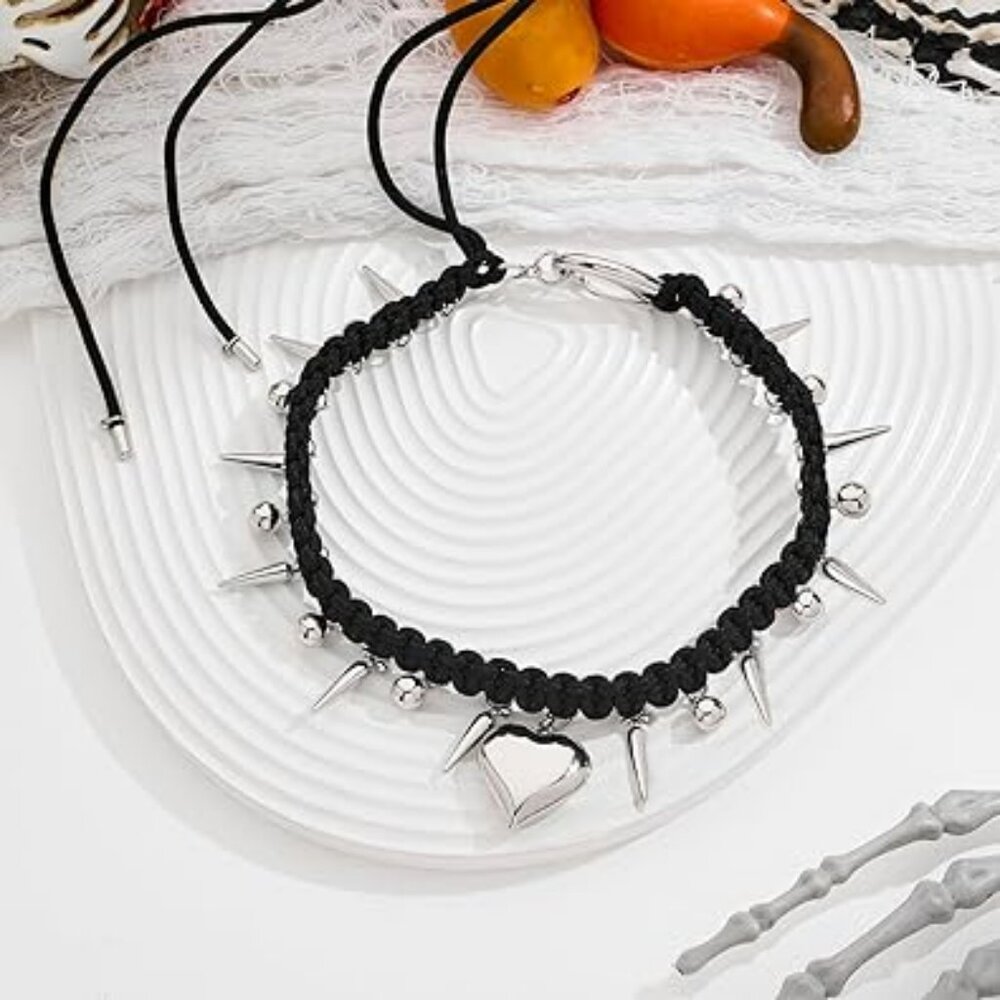Choker‎ Necklace Heart and Spikes and Balls Brand New Silver and Black
